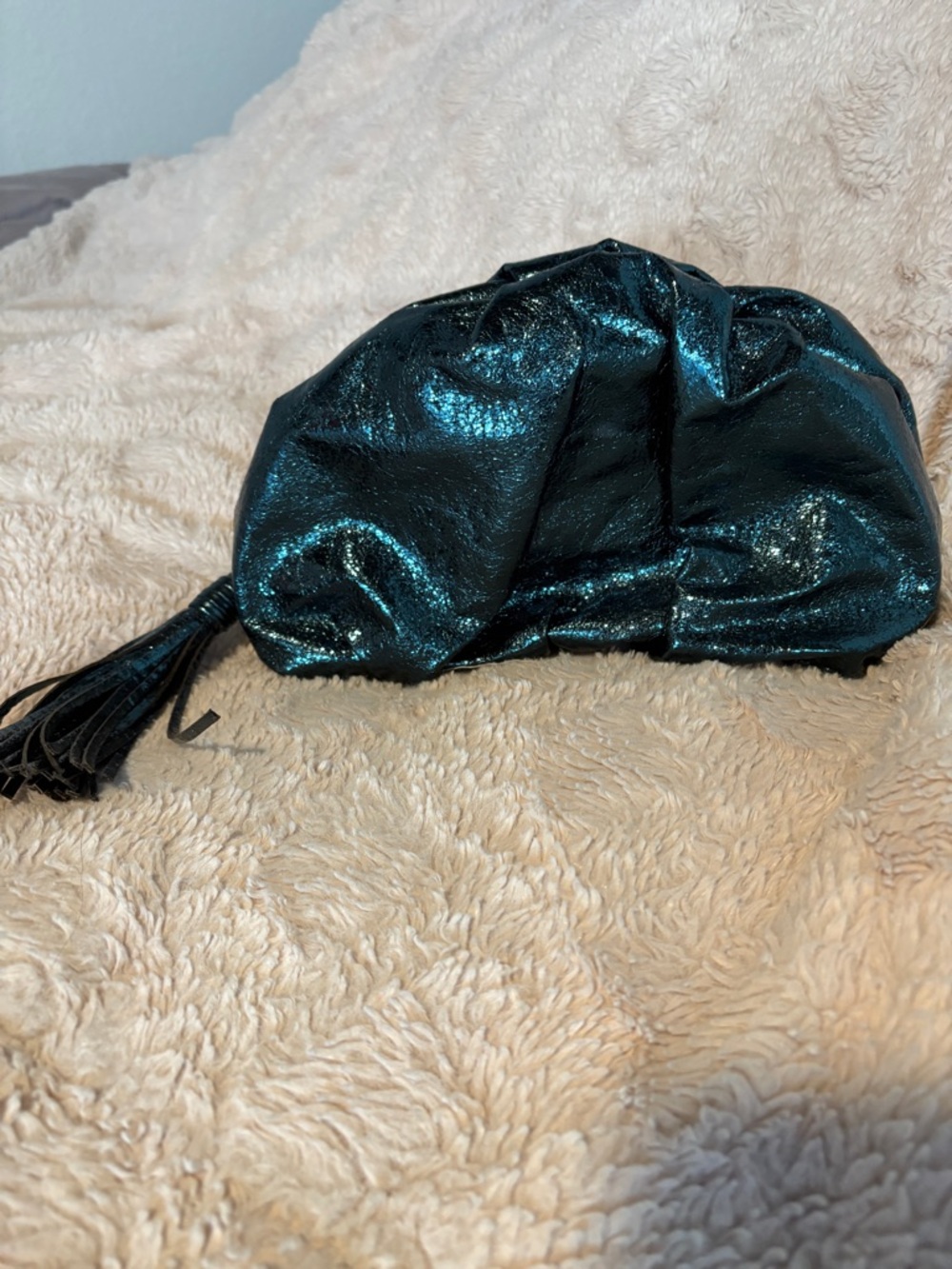 Rebecca Minkoff Iridescent Teal Ruched Clutch with Tassel